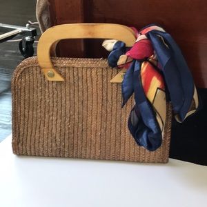 Vintage Straw Handbag with Scarf